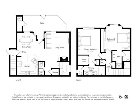 Floor plan for 2 beds, 2.5 baths, 1612 sqft